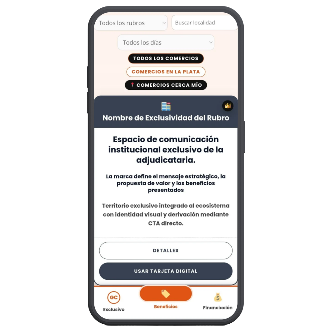 Vista demo de la Tarjeta Institucional por rubro (exclusividad)
