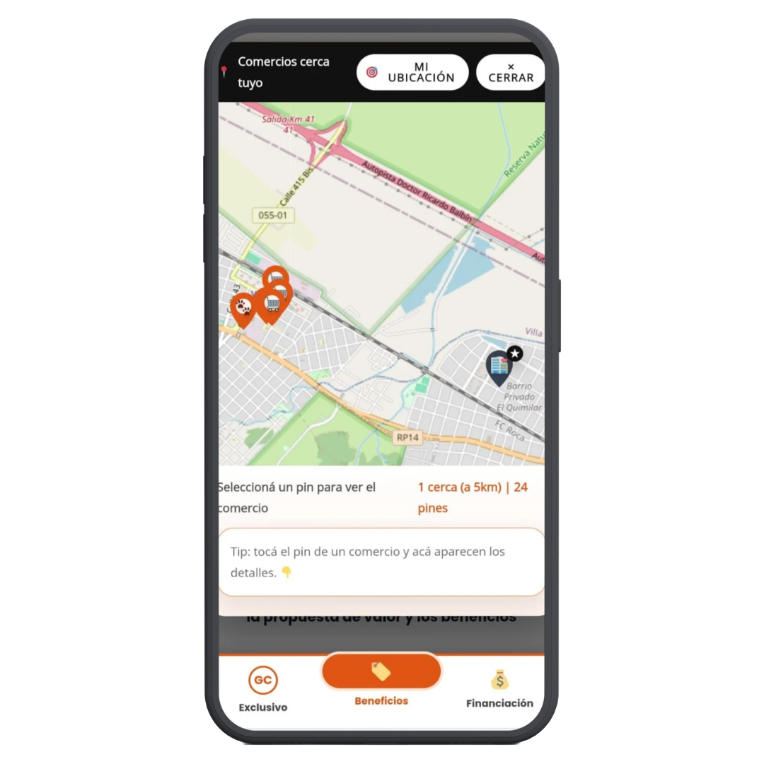 Vista demo de centros de atención geolocalizados en el mapa